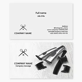 Barber business card template. Barber shop. Scissors, house, comb, clippers with attachments.