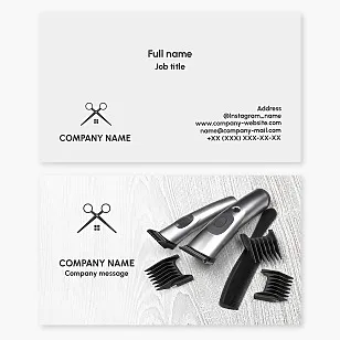 Barber business card template. Barber shop. Scissors, house, comb, clippers with attachments.