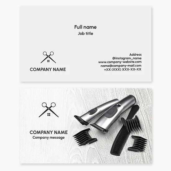 Barber business card template. Barber shop. Scissors, house, comb, clippers with attachments.