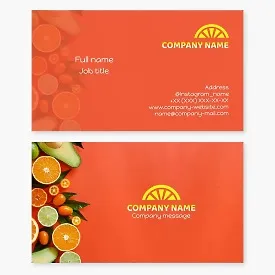 Orange business card template. Lemon, orange, lime, tangerine, grapefruit, pomelo, kumquat. Citrus fruits.