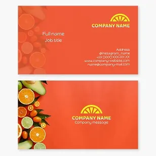 Orange business card template. Lemon, orange, lime, tangerine, grapefruit, pomelo, kumquat. Citrus fruits.