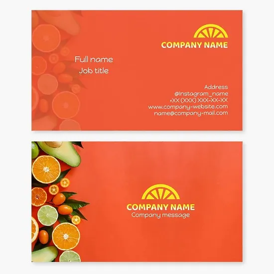 Orange business card template. Lemon, orange, lime, tangerine, grapefruit, pomelo, kumquat. Citrus fruits.