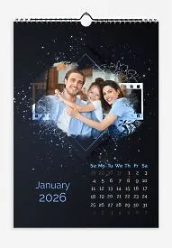 Calendar template with family photos. Family photos with film on a dark blue background with a scattering of glitter.