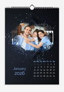 Calendar template with family photos. Family photos with film on a dark blue background with a scattering of glitter.