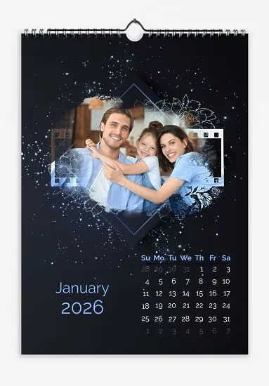 Calendar template with family photos. Family photos with film on a dark blue background with a scattering of glitter.