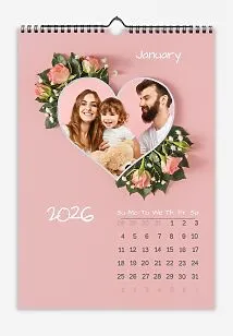 Pink Floral Wall Calendar With Family Photos. Photos of a happy family in a heart.