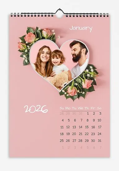 Pink Floral Wall Calendar With Family Photos. Photos of a happy family in a heart.
