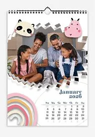 Calendar template with family photos. Children's drawings of animals.