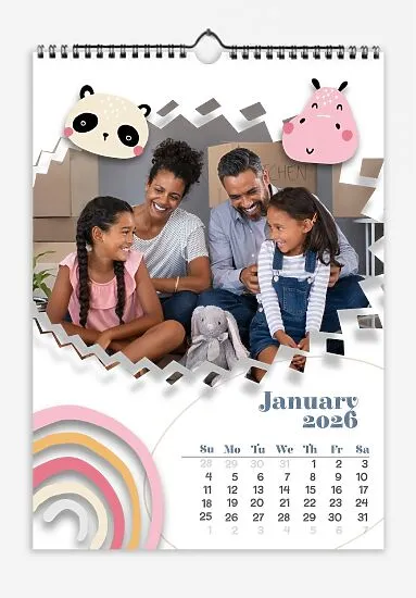 Calendar template with family photos. Children's drawings of animals.