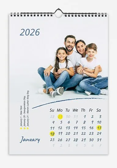 Calendar Template. Photos of a large, happy family celebrating national holidays. Handwritten fonts.