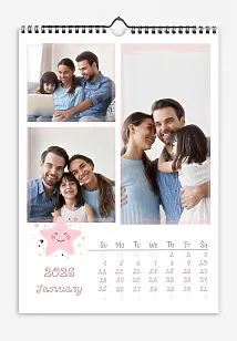 A family calendar template featuring a daughter and sparkling stars with pink rectangular photo frames. The lettering is in a font for little girls.