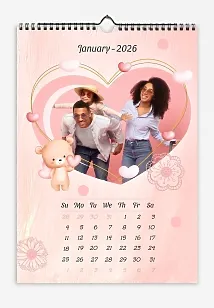 A children's-themed calendar template featuring a young family with a daughter, featuring hearts, flowers, and teddy bears.