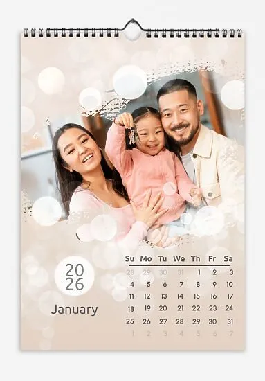 A "Child and Parents" calendar template featuring large, torn-edge photos with lots of bokeh.