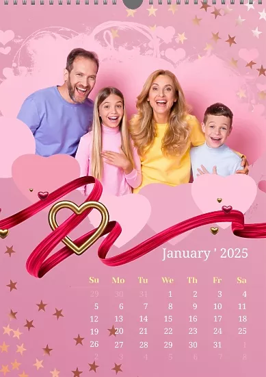 Calendar template Happy family with hearts, ribbon and stars