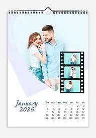 Lovers Calendar Template. Bride and groom in a heart with delicate flowers and film frames.
