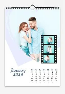 Lovers Calendar Template. Bride and groom in a heart with delicate flowers and film frames.