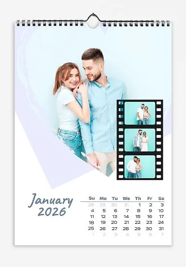 Lovers Calendar Template. Bride and groom in a heart with delicate flowers and film frames.