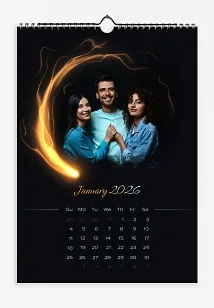 A magical calendar template "Loving Family with an Adult Daughter" featuring a flaming comet on a contrasting black background.