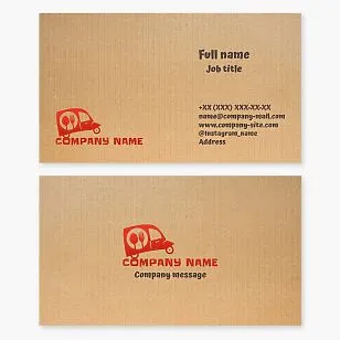 Business card template. Mobile canteen. Lunch delivery. Van, spoon, fork.