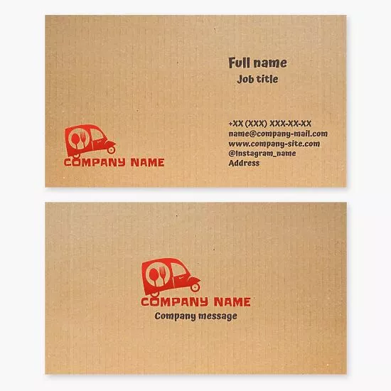 Business card template. Mobile canteen. Lunch delivery. Van, spoon, fork.