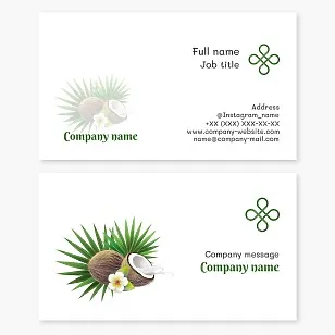 Business card template with coconut palm and flower. Resort hotel.