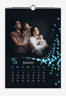 Mysterious calendar template "Cute family with children, with scattered bokeh on a dark background"