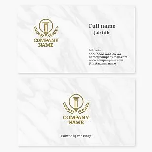 Notary office business card template. Feather, Roman column, wreath. Letter O.