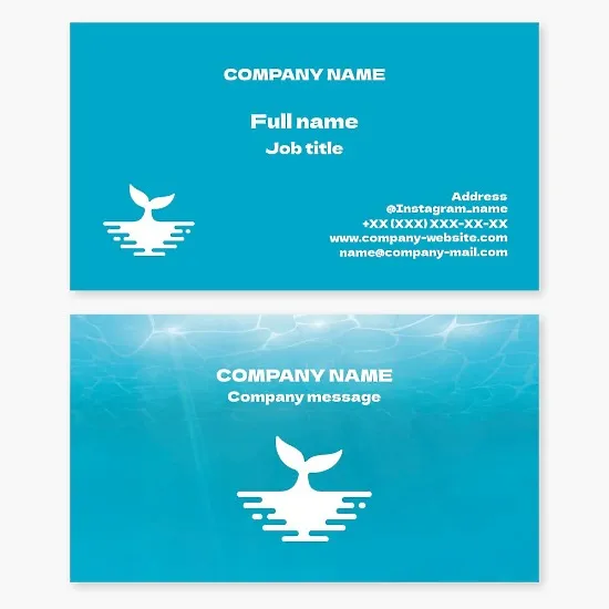 Business card template: whale, fishing, seafood, sea trips, diving