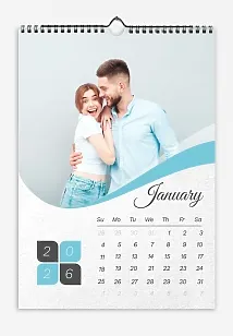 Wedding calendar template in white and azure design with dynamic wave.