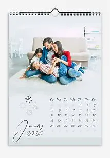 Calendar template featuring a cheerful and friendly family with large photos and icons of the seasons on a light background.
