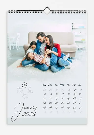 Calendar template featuring a cheerful and friendly family with large photos and icons of the seasons on a light background.