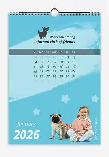People with dogs calendar template. A calendar template for an informal dog club. Children with their dogs—with names and nicknames—on a plain background with stars.
