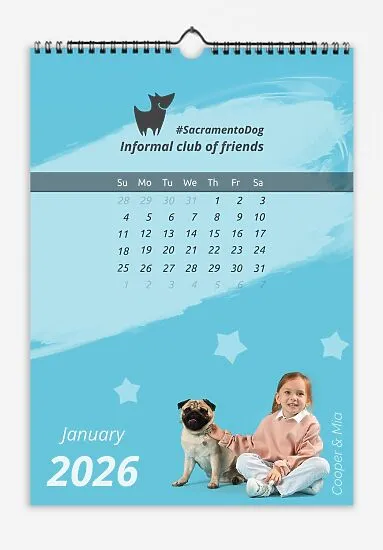People with dogs calendar template. A calendar template for an informal dog club. Children with their dogs—with names and nicknames—on a plain background with stars.