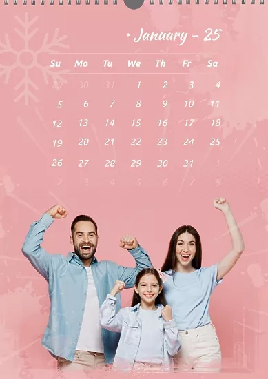 Calendar template Cheerful family on a pink background with icons of the months of the year