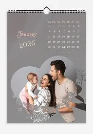 Grey Stylish Calendar. Photos of a happy family with a patterned heart. With children's fonts.