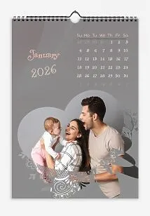Grey Stylish Calendar. Photos of a happy family with a patterned heart. With children's fonts.