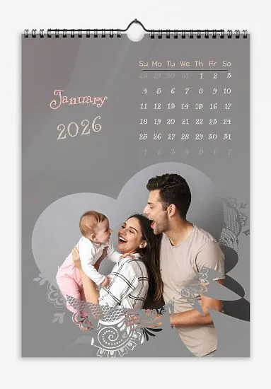 Grey Stylish Calendar. Photos of a happy family with a patterned heart. With children's fonts.