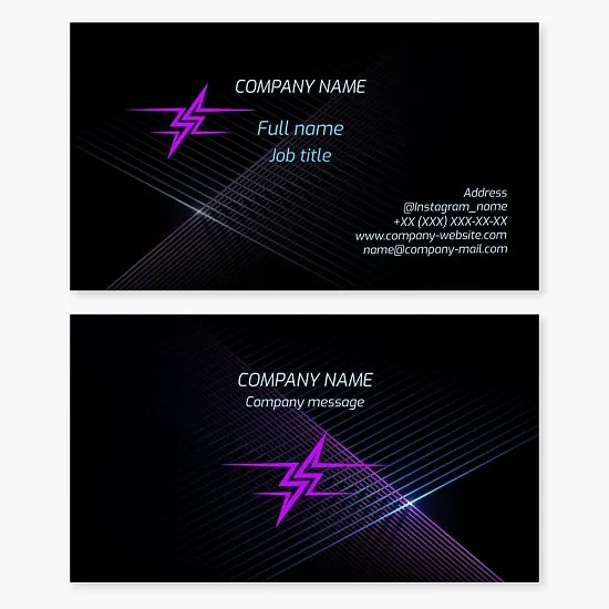 Business card template with lightning logo. Symbol of divine will, creative impulse, power, speed, destruction of ignorance, enlightenment, punishment and unexpected insight.