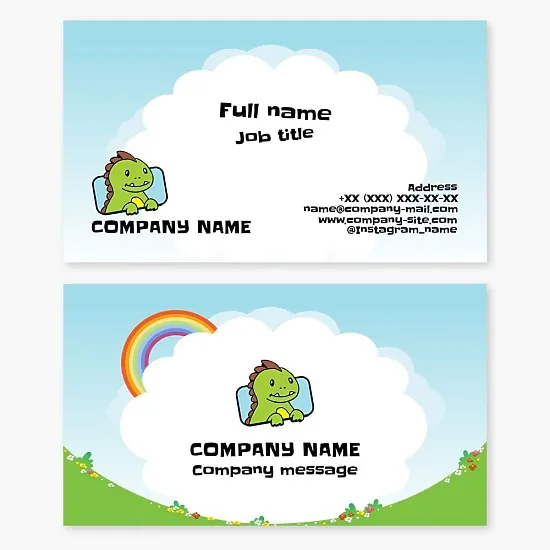 Children's business card template. Children's products. Child development services. Dinosaur.