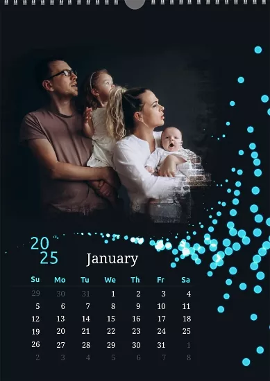 Calendar template Cute family with scattering bokeh on dark background