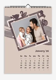 Calendar template "Young family with a little daughter in a frame with animal silhouettes and pink confetti."