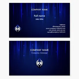 Blue business card template with a white spider logo. Cybersecurity. Ethical hacking. Penetration testing.