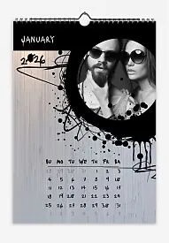 Calendar template. An eccentric, loving newlywed couple with ink drops on a gray textured background.