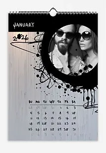 Calendar template. An eccentric, loving newlywed couple with ink drops on a gray textured background.