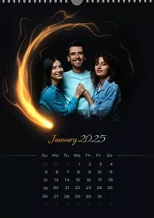 Calendar template Loving family with burning comet on black background