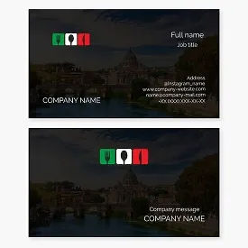 Italian Restaurant | Business Card Template with Italy Flag | Venice Panorama | Cutlery | Fork, Spoon, Knife.