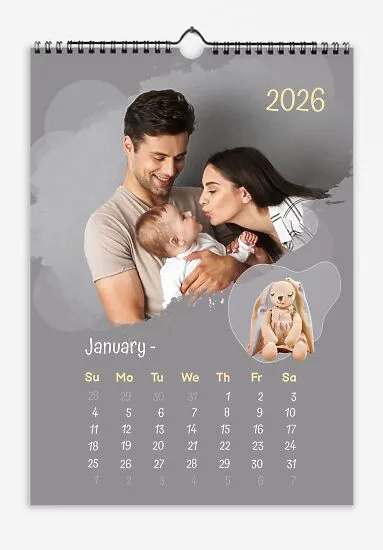 A free calendar template for a young family with a little daughter, "Plush Toys." Angled photos with subtle grunge and bokeh.