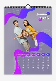 A "Happy Family with a Daughter" calendar template with gradient waves and circles. The font is girly and swirly.