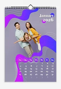 A "Happy Family with a Daughter" calendar template with gradient waves and circles. The font is girly and swirly.