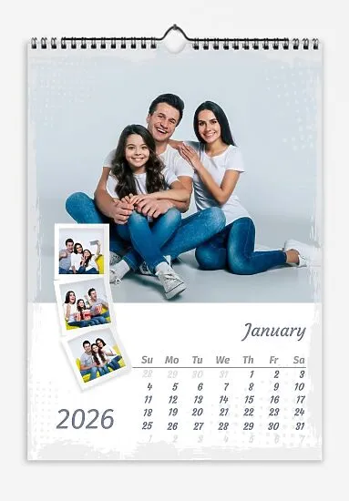 A happy family photo calendar template with grunge edges featuring a main photo and smaller photos in frames.